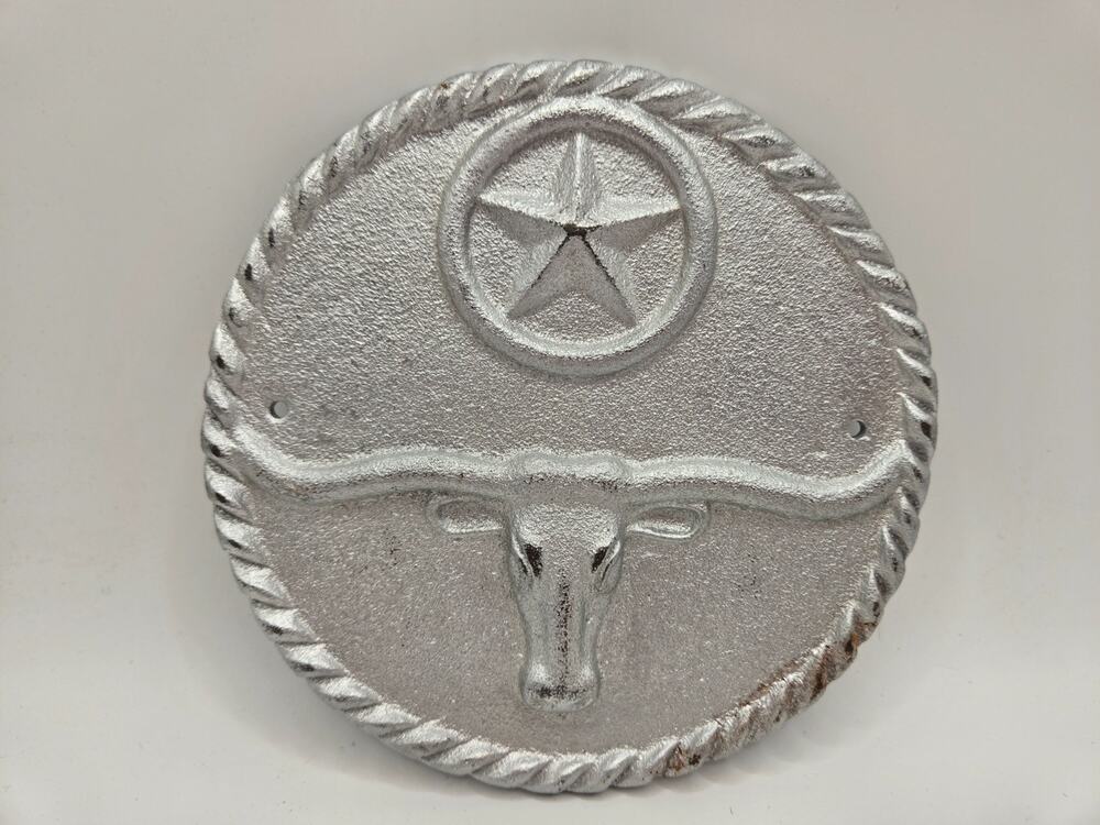 Cast Iron Texas Longhorn Wall Decor Circle With Stars Rustic Western 5.25" inch